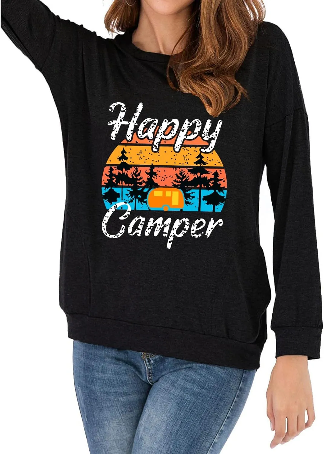 Fuyxxmer Womens Happy Camper Sweatshirt Vintage Mountain Graphic Tee Long Sleeve Pullover Blouses Top Shirts with Pockets