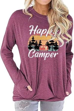 Fuyxxmer Womens Happy Camper Sweatshirt Vintage Mountain Graphic Tee Long Sleeve Pullover Blouses Top Shirts with Pockets