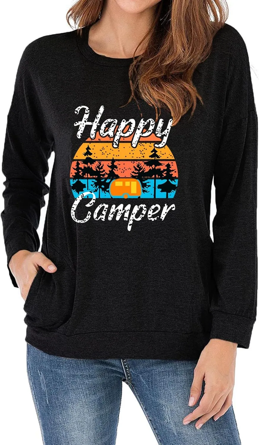 Fuyxxmer Womens Happy Camper Sweatshirt Vintage Mountain Graphic Tee Long Sleeve Pullover Blouses Top Shirts with Pockets