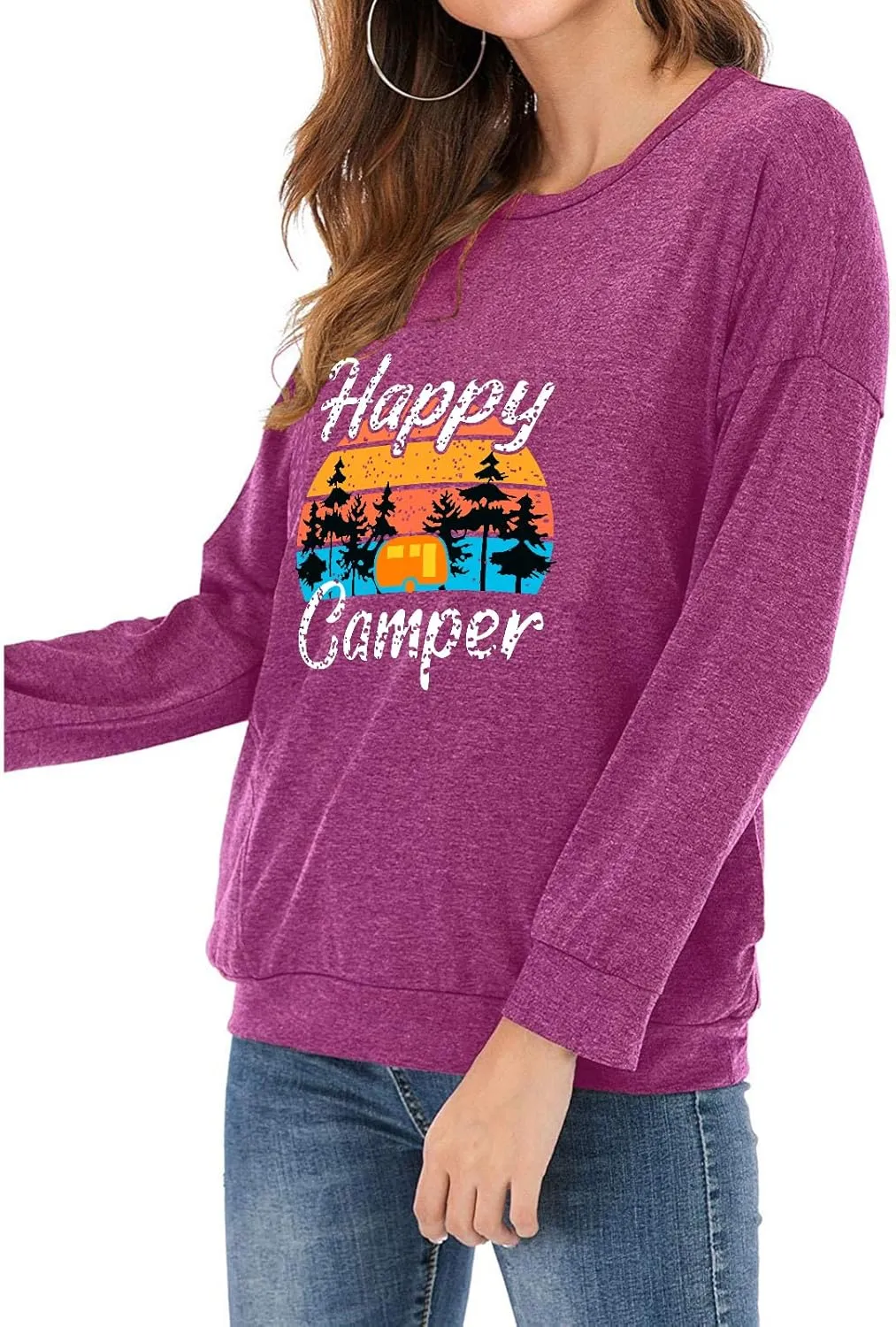 Fuyxxmer Womens Happy Camper Sweatshirt Vintage Mountain Graphic Tee Long Sleeve Pullover Blouses Top Shirts with Pockets