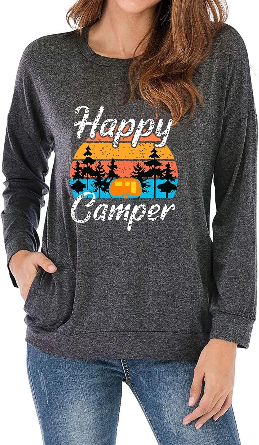 Fuyxxmer Womens Happy Camper Sweatshirt Vintage Mountain Graphic Tee Long Sleeve Pullover Blouses Top Shirts with Pockets