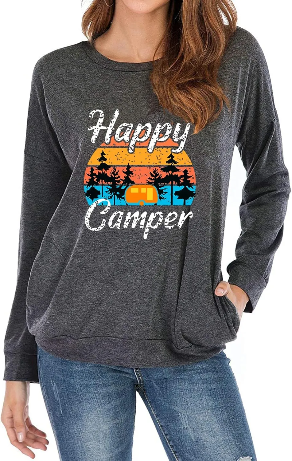 Fuyxxmer Womens Happy Camper Sweatshirt Vintage Mountain Graphic Tee Long Sleeve Pullover Blouses Top Shirts with Pockets