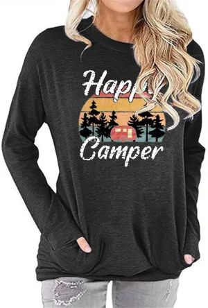 Fuyxxmer Womens Happy Camper Sweatshirt Vintage Mountain Graphic Tee Long Sleeve Pullover Blouses Top Shirts with Pockets