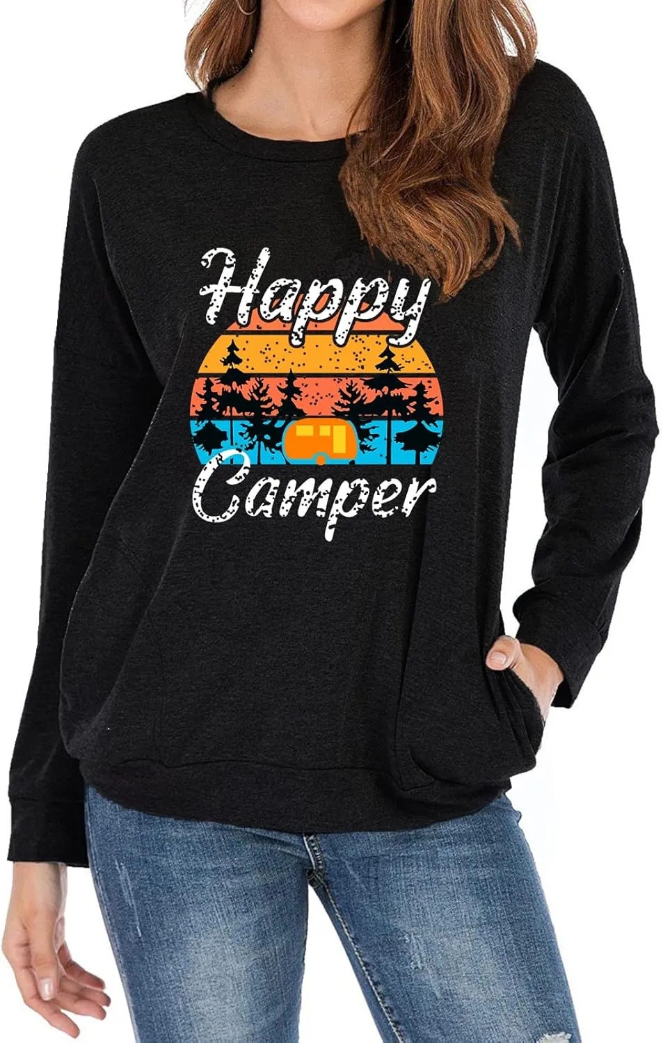 Fuyxxmer Womens Happy Camper Sweatshirt Vintage Mountain Graphic Tee Long Sleeve Pullover Blouses Top Shirts with Pockets