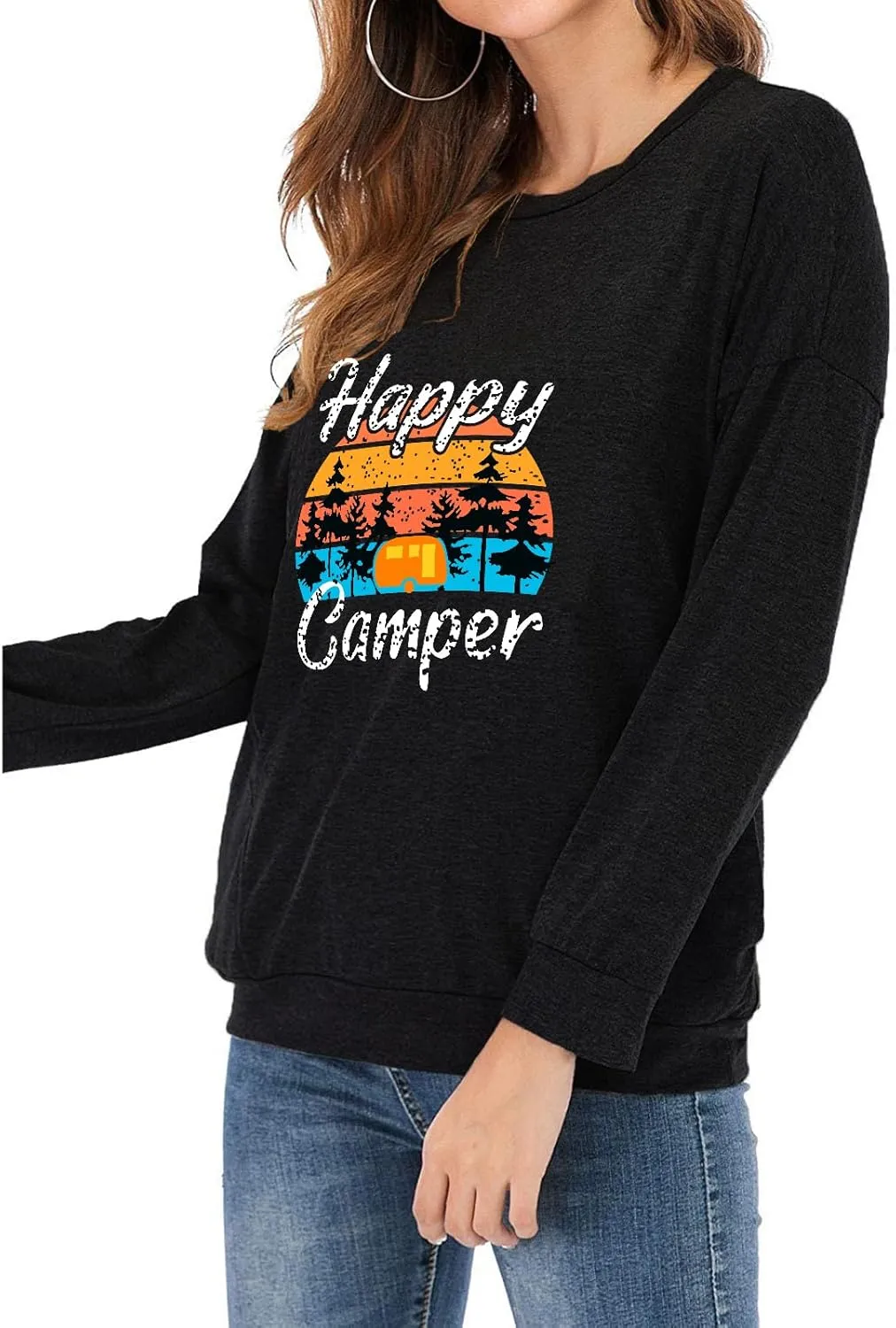 Fuyxxmer Womens Happy Camper Sweatshirt Vintage Mountain Graphic Tee Long Sleeve Pullover Blouses Top Shirts with Pockets