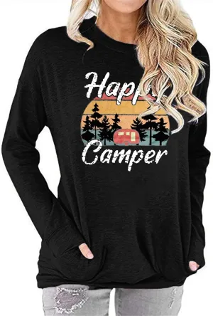 Fuyxxmer Womens Happy Camper Sweatshirt Vintage Mountain Graphic Tee Long Sleeve Pullover Blouses Top Shirts with Pockets