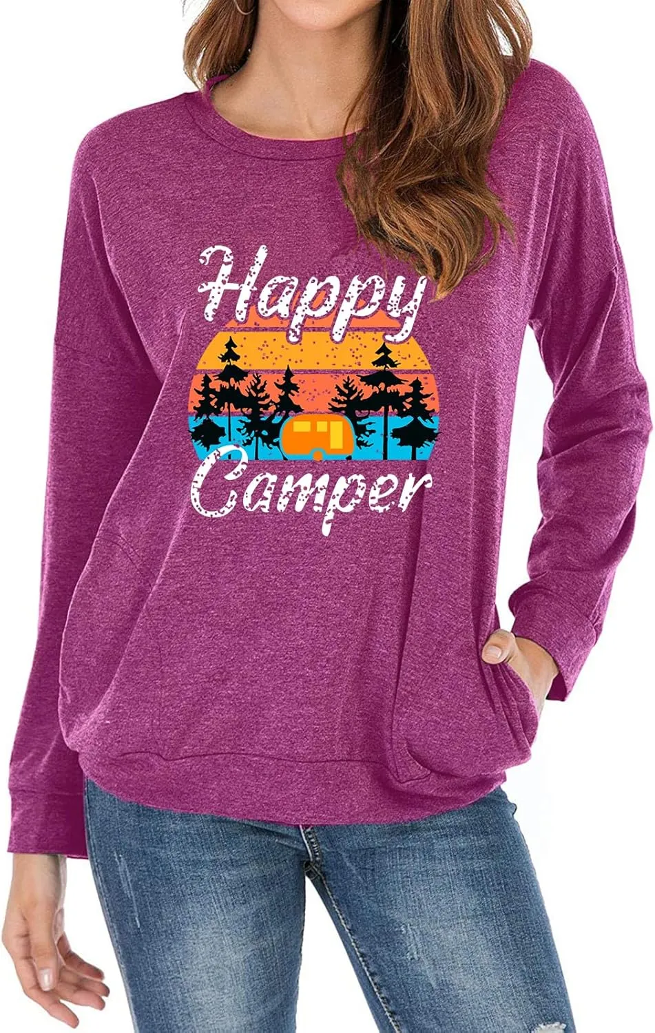 Fuyxxmer Womens Happy Camper Sweatshirt Vintage Mountain Graphic Tee Long Sleeve Pullover Blouses Top Shirts with Pockets