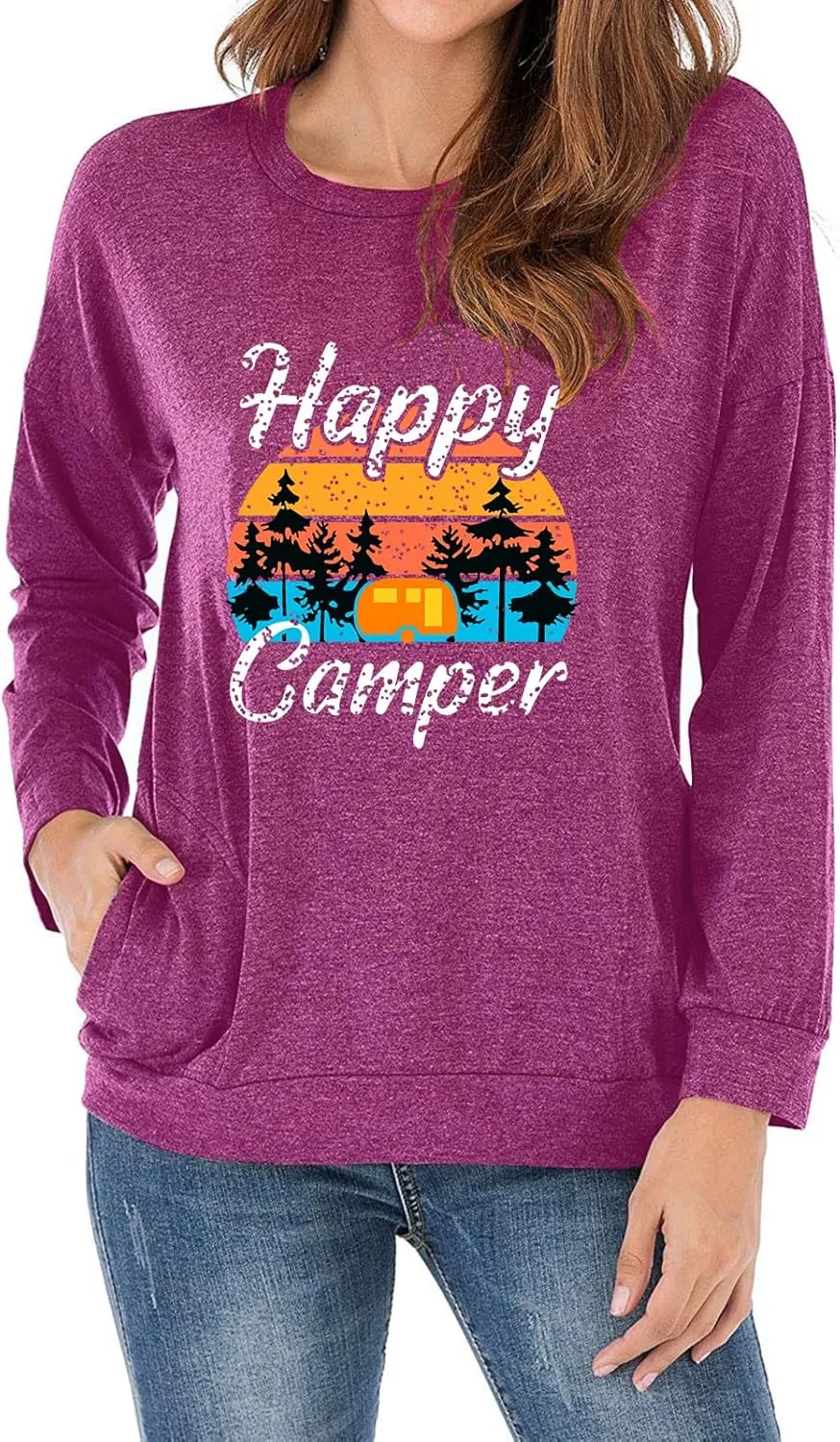 Fuyxxmer Womens Happy Camper Sweatshirt Vintage Mountain Graphic Tee Long Sleeve Pullover Blouses Top Shirts with Pockets