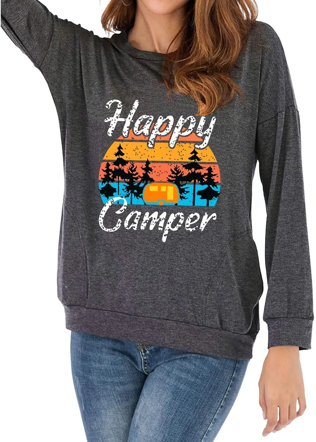 Fuyxxmer Womens Happy Camper Sweatshirt Vintage Mountain Graphic Tee Long Sleeve Pullover Blouses Top Shirts with Pockets