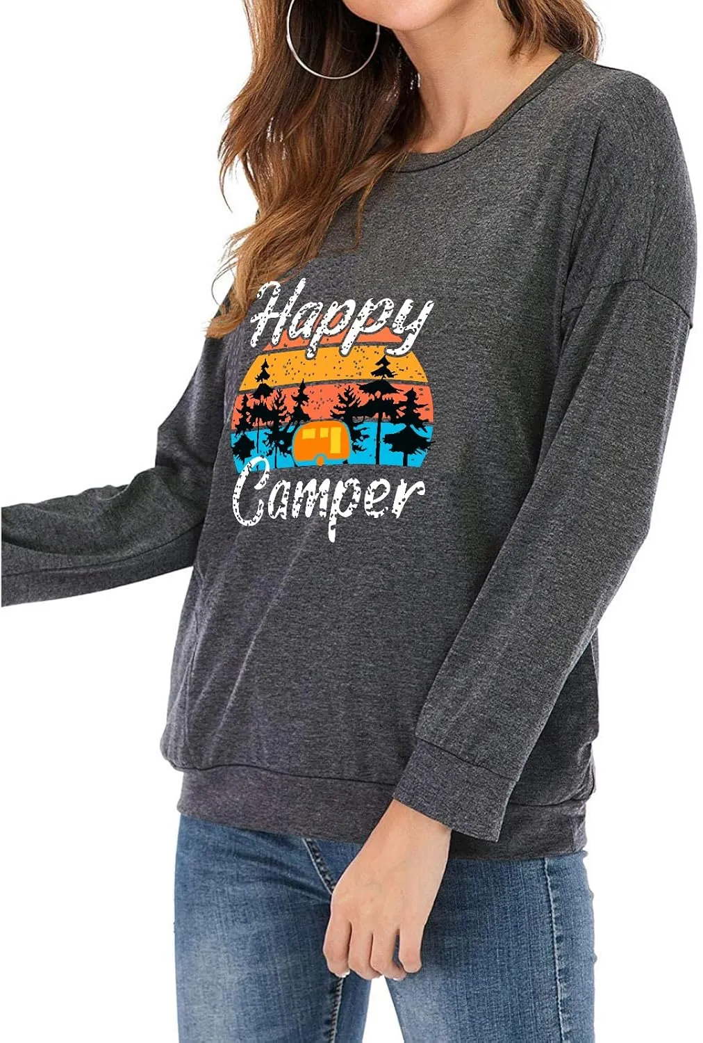 Fuyxxmer Womens Happy Camper Sweatshirt Vintage Mountain Graphic Tee Long Sleeve Pullover Blouses Top Shirts with Pockets