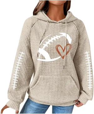 Game Day Shirts Women Long Sleeve Football Graphic Crewneck Sweatshirts Waffle Knit Hoodie Football Season Pullover