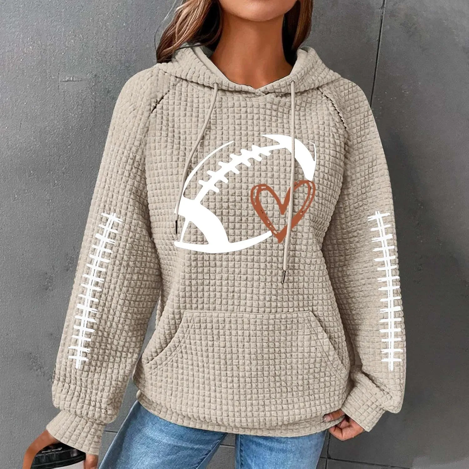 Game Day Shirts Women Long Sleeve Football Graphic Crewneck Sweatshirts Waffle Knit Hoodie Football Season Pullover