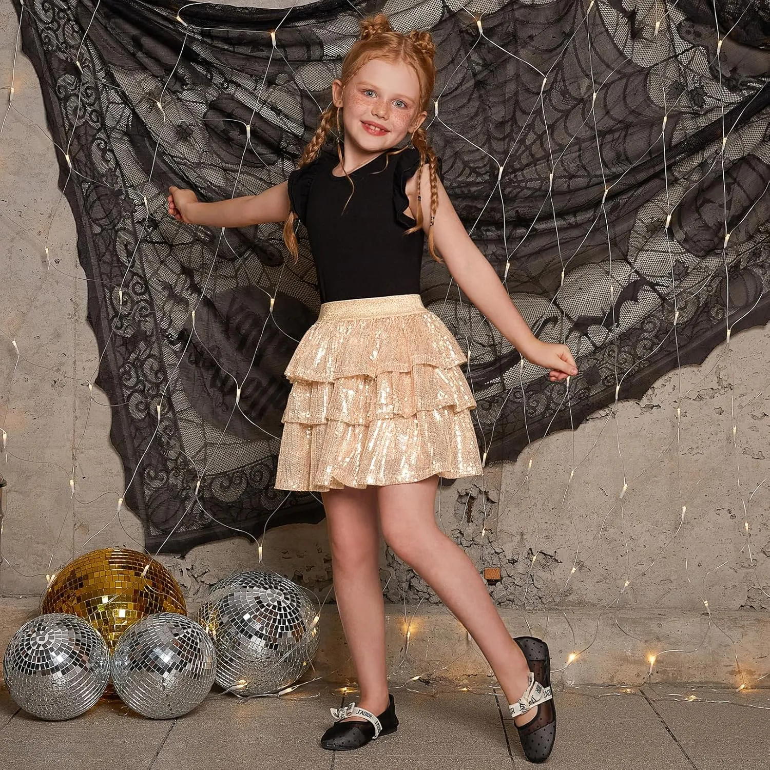 Girls Metallic Sequin Skirt Ruffle Sparkle Shiny Skirts Dance Outfit Party Scooter Elastic Waist 3-Layers Skorts for 6-13Y