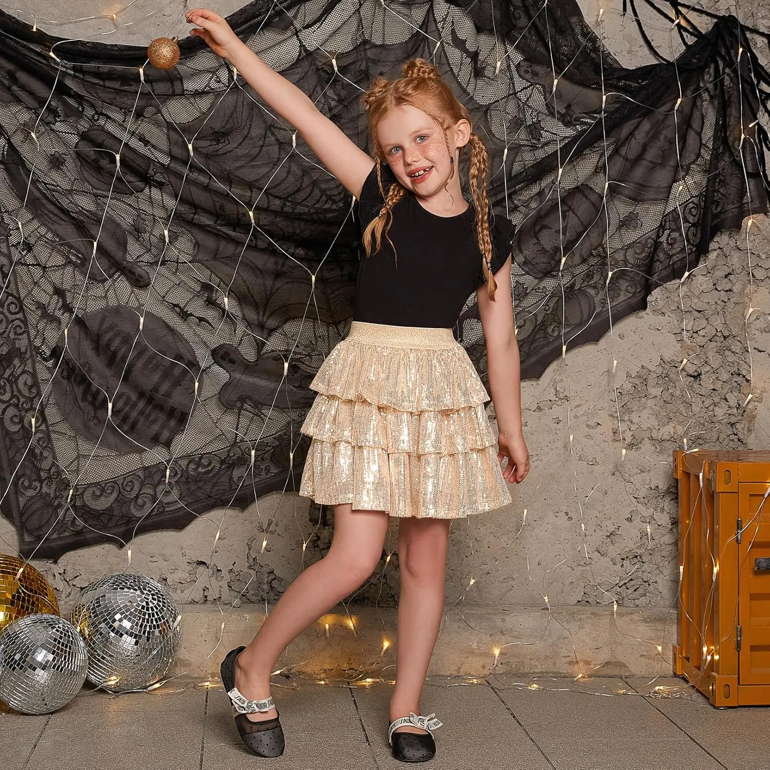 Girls Metallic Sequin Skirt Ruffle Sparkle Shiny Skirts Dance Outfit Party Scooter Elastic Waist 3-Layers Skorts for 6-13Y