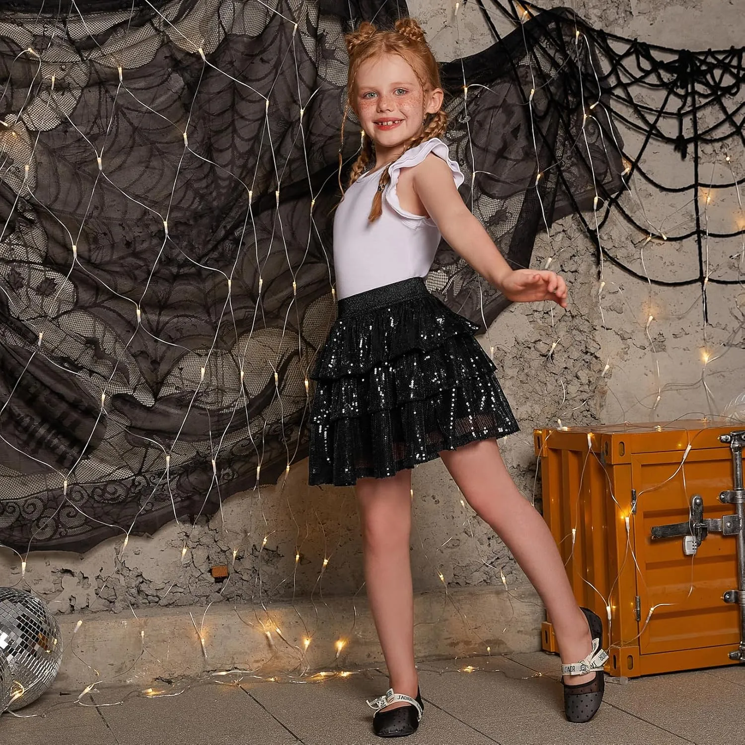Girls Metallic Sequin Skirt Ruffle Sparkle Shiny Skirts Dance Outfit Party Scooter Elastic Waist 3-Layers Skorts for 6-13Y