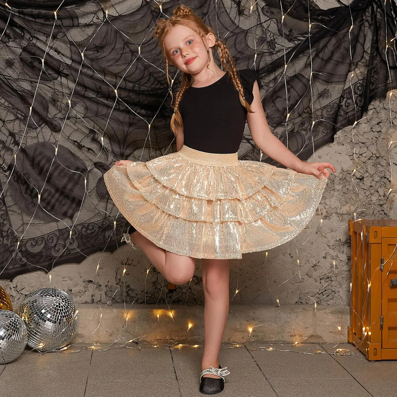 Girls Metallic Sequin Skirt Ruffle Sparkle Shiny Skirts Dance Outfit Party Scooter Elastic Waist 3-Layers Skorts for 6-13Y