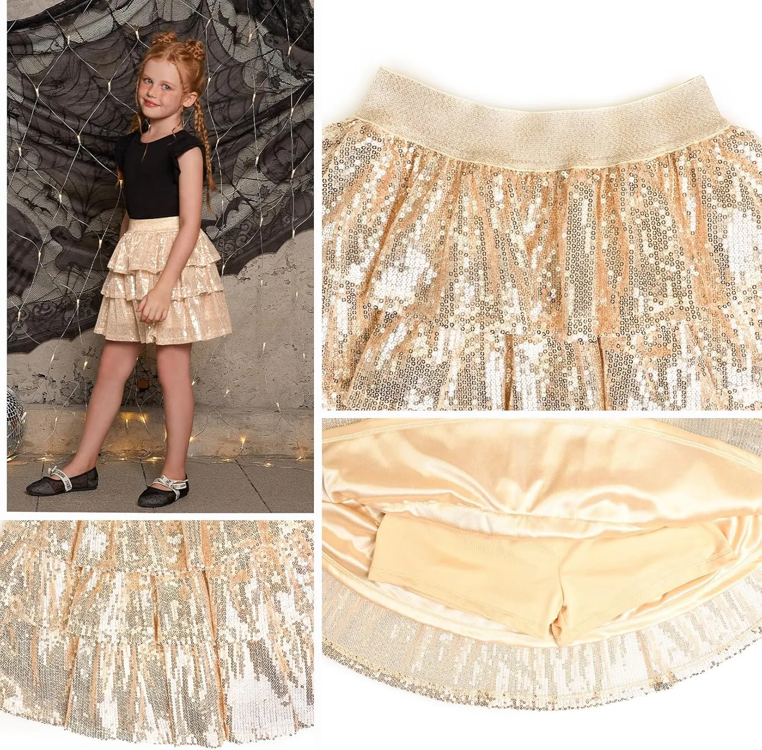 Girls Metallic Sequin Skirt Ruffle Sparkle Shiny Skirts Dance Outfit Party Scooter Elastic Waist 3-Layers Skorts for 6-13Y