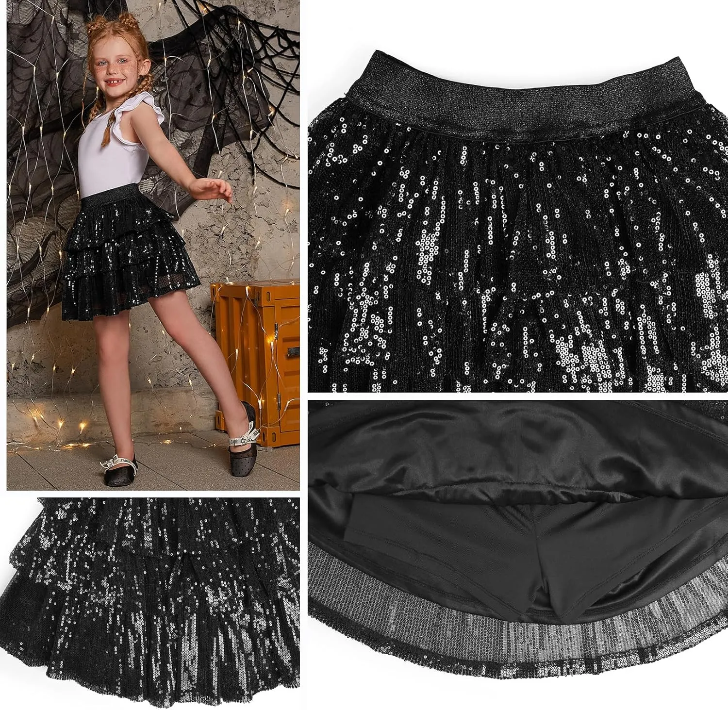 Girls Metallic Sequin Skirt Ruffle Sparkle Shiny Skirts Dance Outfit Party Scooter Elastic Waist 3-Layers Skorts for 6-13Y