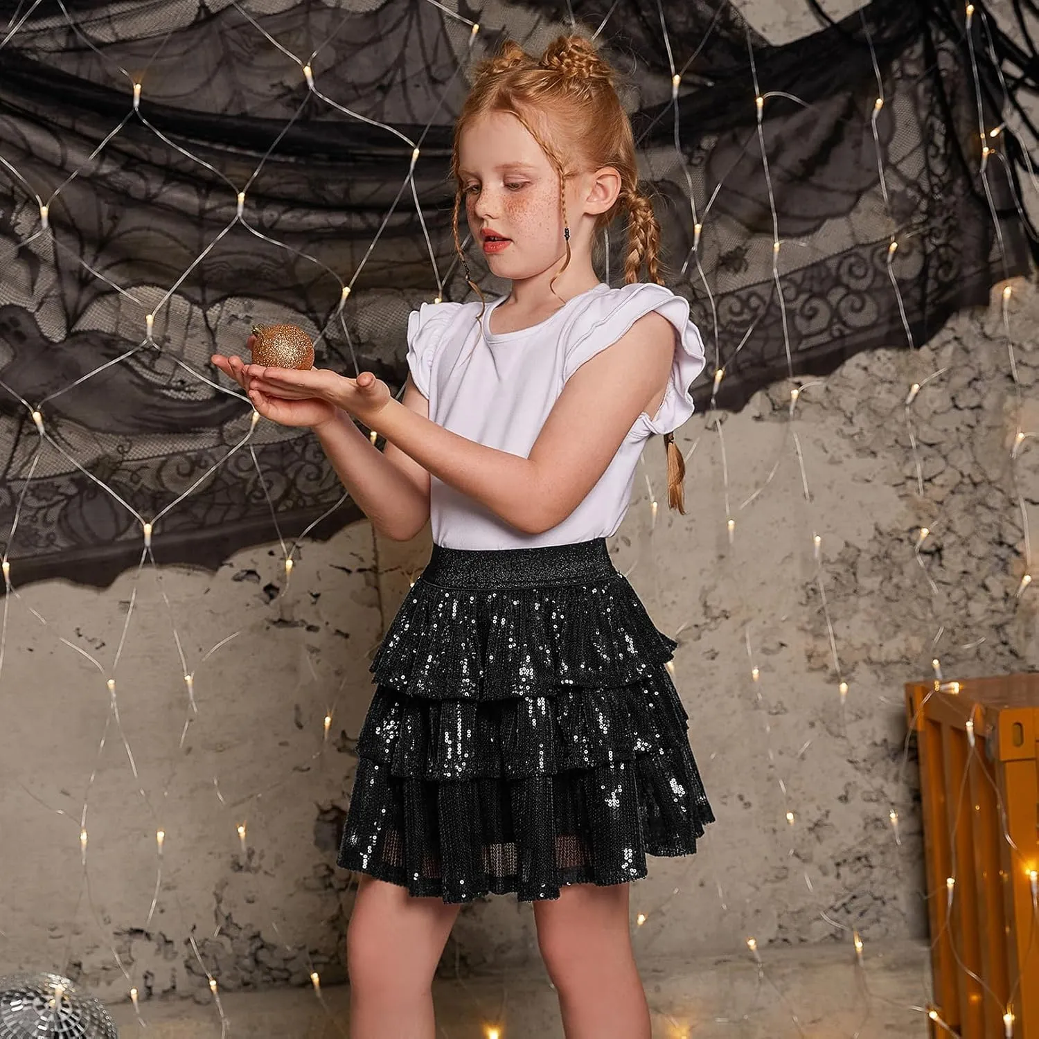 Girls Metallic Sequin Skirt Ruffle Sparkle Shiny Skirts Dance Outfit Party Scooter Elastic Waist 3-Layers Skorts for 6-13Y