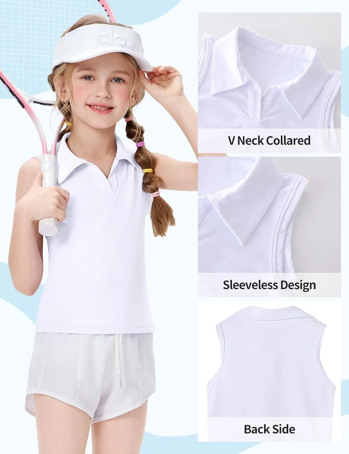 Girls Sleeveless Polo Shirts, Kids V Neck Golf Shirts Blouses, Quick Dry Athletic Girls Tennis Tank Tops, Size 5-14