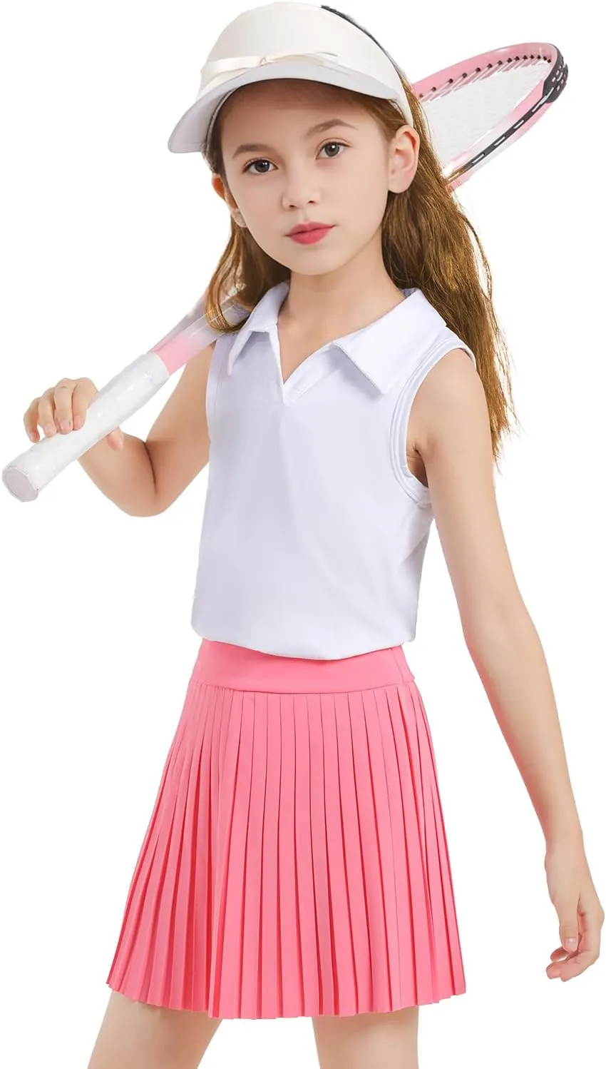 Girls Sleeveless Polo Shirts, Kids V Neck Golf Shirts Blouses, Quick Dry Athletic Girls Tennis Tank Tops, Size 5-14