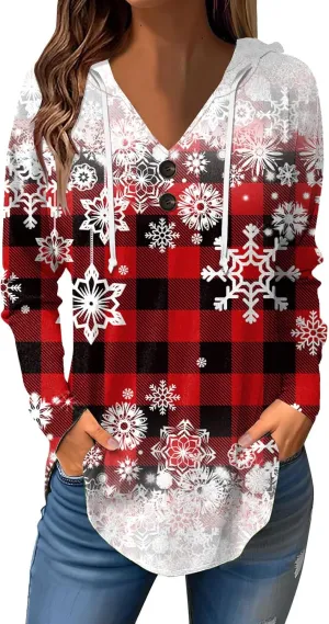 GOFULY Christmas Hoodie Womens Winter Oversized Button Shirt Drawstring Xmas Print Trendy Fall Tunic Tops Christmas Clothes