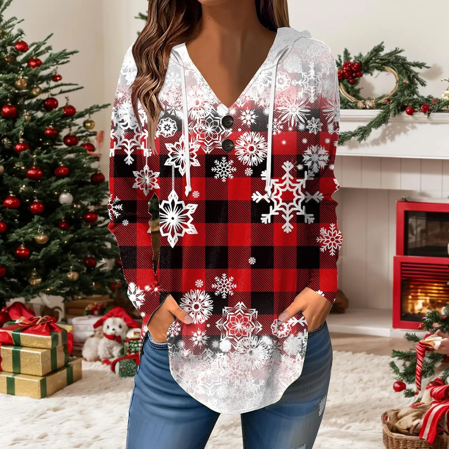 GOFULY Christmas Hoodie Womens Winter Oversized Button Shirt Drawstring Xmas Print Trendy Fall Tunic Tops Christmas Clothes
