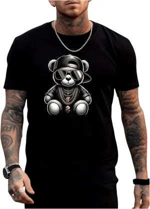 GORGLITTER Men's Bear Graphic Y2k Shirt Crew Neck Short Sleeve Oversized Casual Summer Tees Top 2025