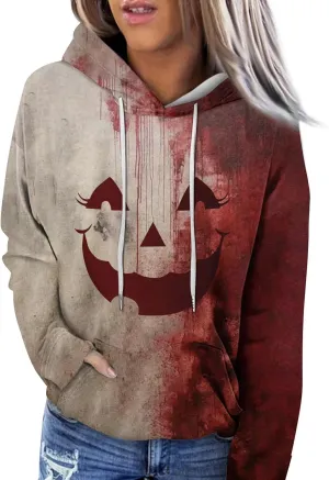 Halloween Costumes for Women 2024 Trendy Cute Pumpkin Graphic Hoodies with Pockets Pullover Sweatshirts Casual