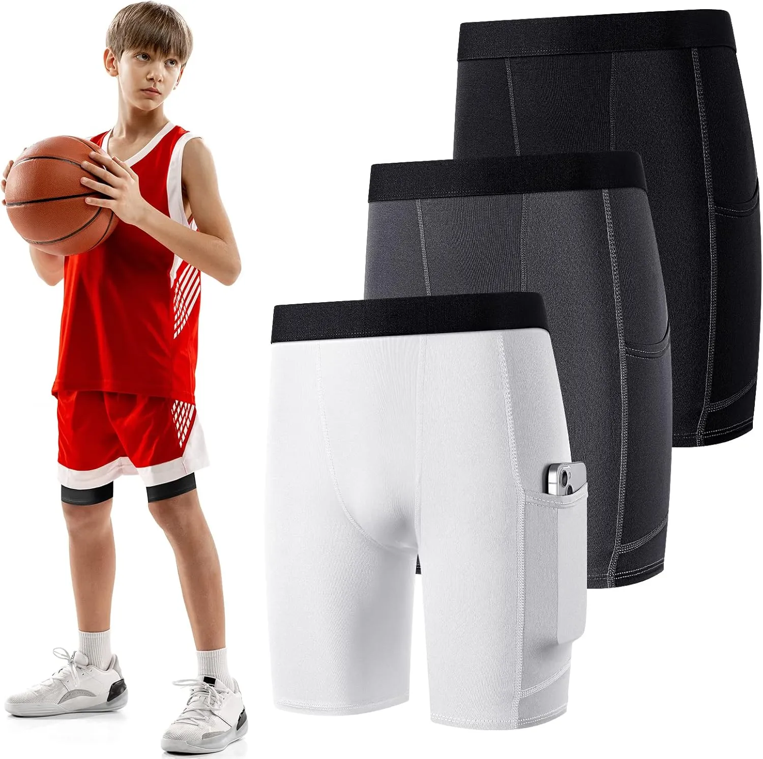 Handepo 3 Pack Youth Boys Compression Shorts with Side Pockets Performance Base Layers Athletic Underwear Workout for Kids