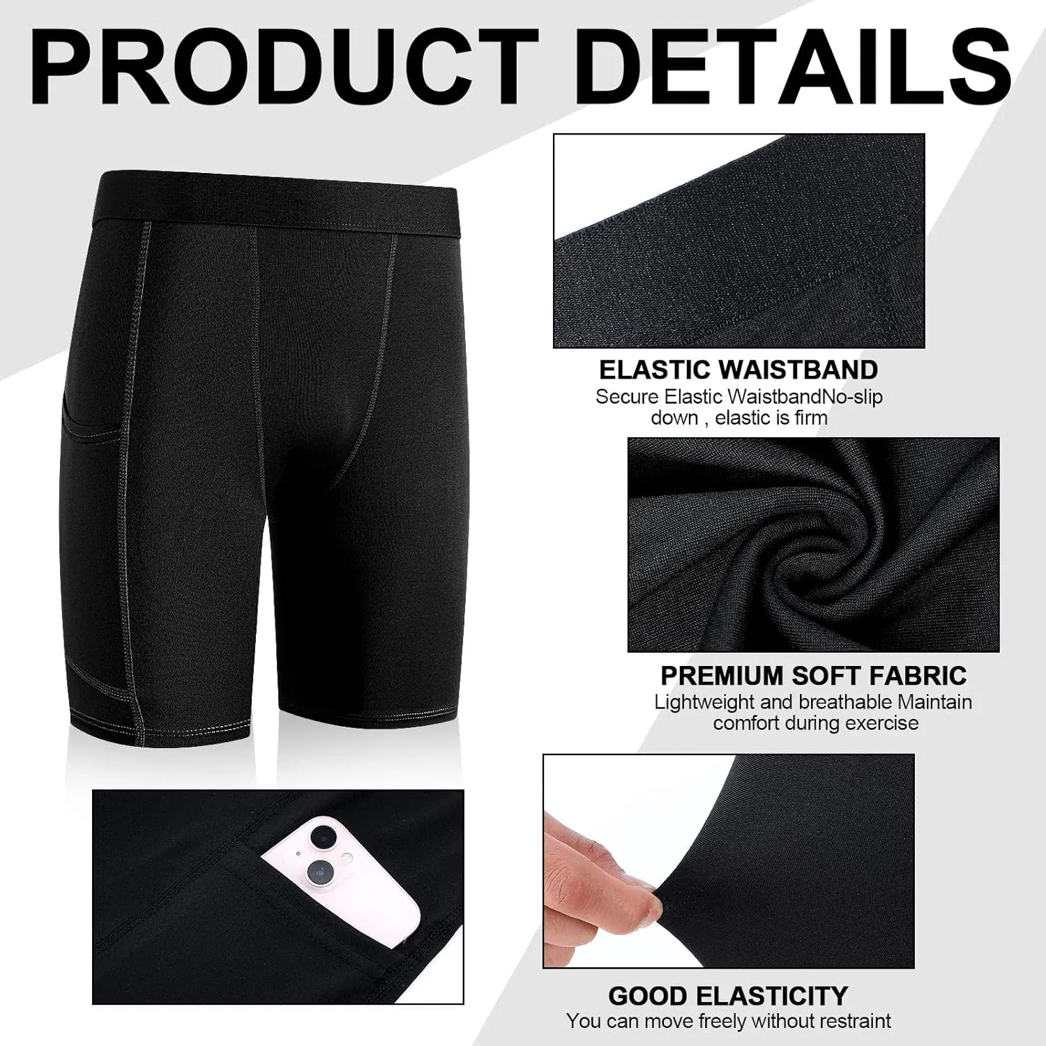 Handepo 3 Pack Youth Boys Compression Shorts with Side Pockets Performance Base Layers Athletic Underwear Workout for Kids