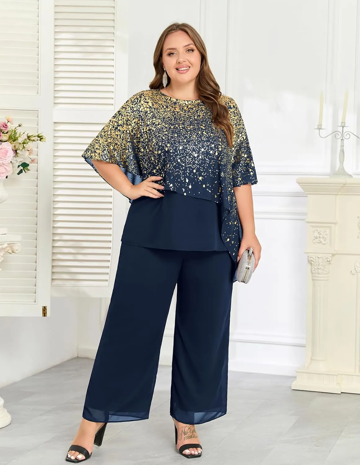 Hanna Nikole 2025 Plus Size Mother of Bride Pant Suits 2 Piece Ruffle Layers Chiffon Sets Hot Stamping Wedding Guest Outfit