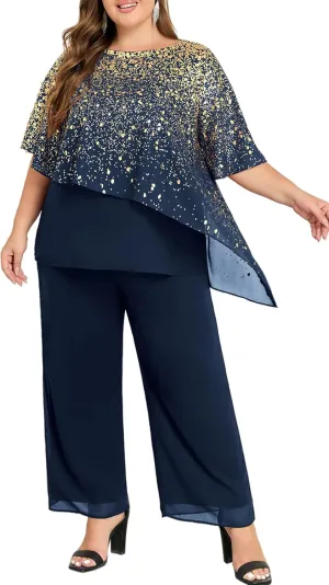 Hanna Nikole 2025 Plus Size Mother of Bride Pant Suits 2 Piece Ruffle Layers Chiffon Sets Hot Stamping Wedding Guest Outfit