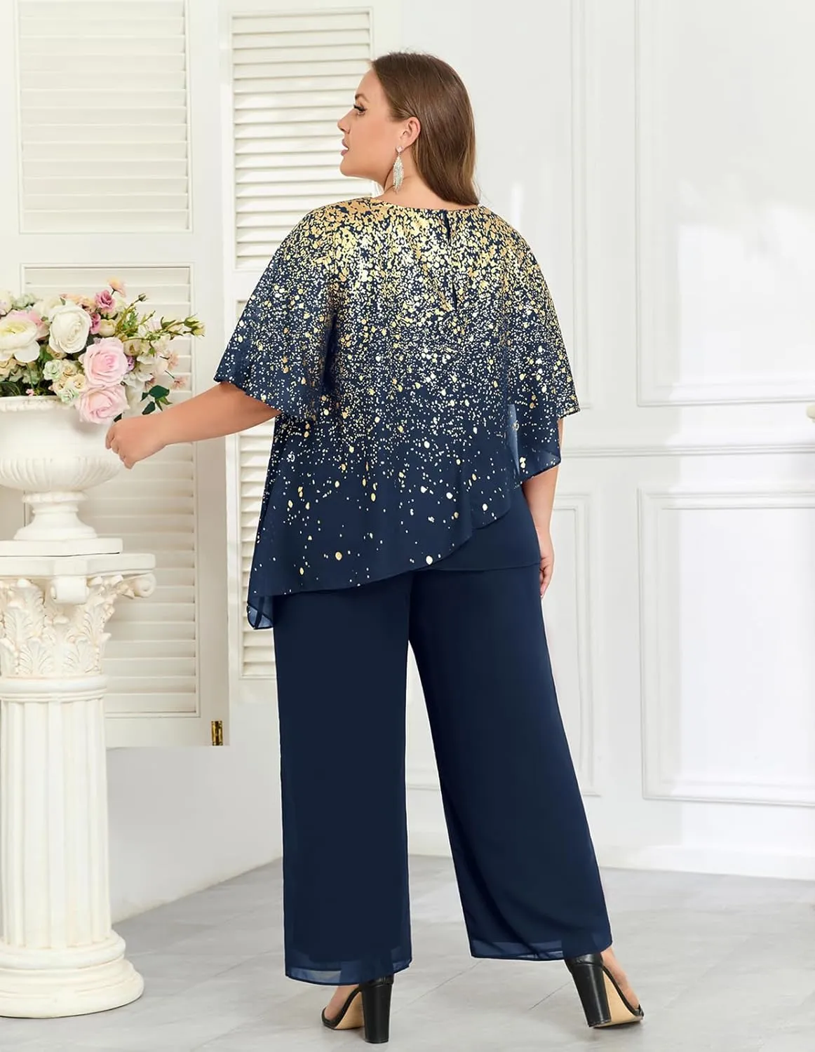 Hanna Nikole 2025 Plus Size Mother of Bride Pant Suits 2 Piece Ruffle Layers Chiffon Sets Hot Stamping Wedding Guest Outfit