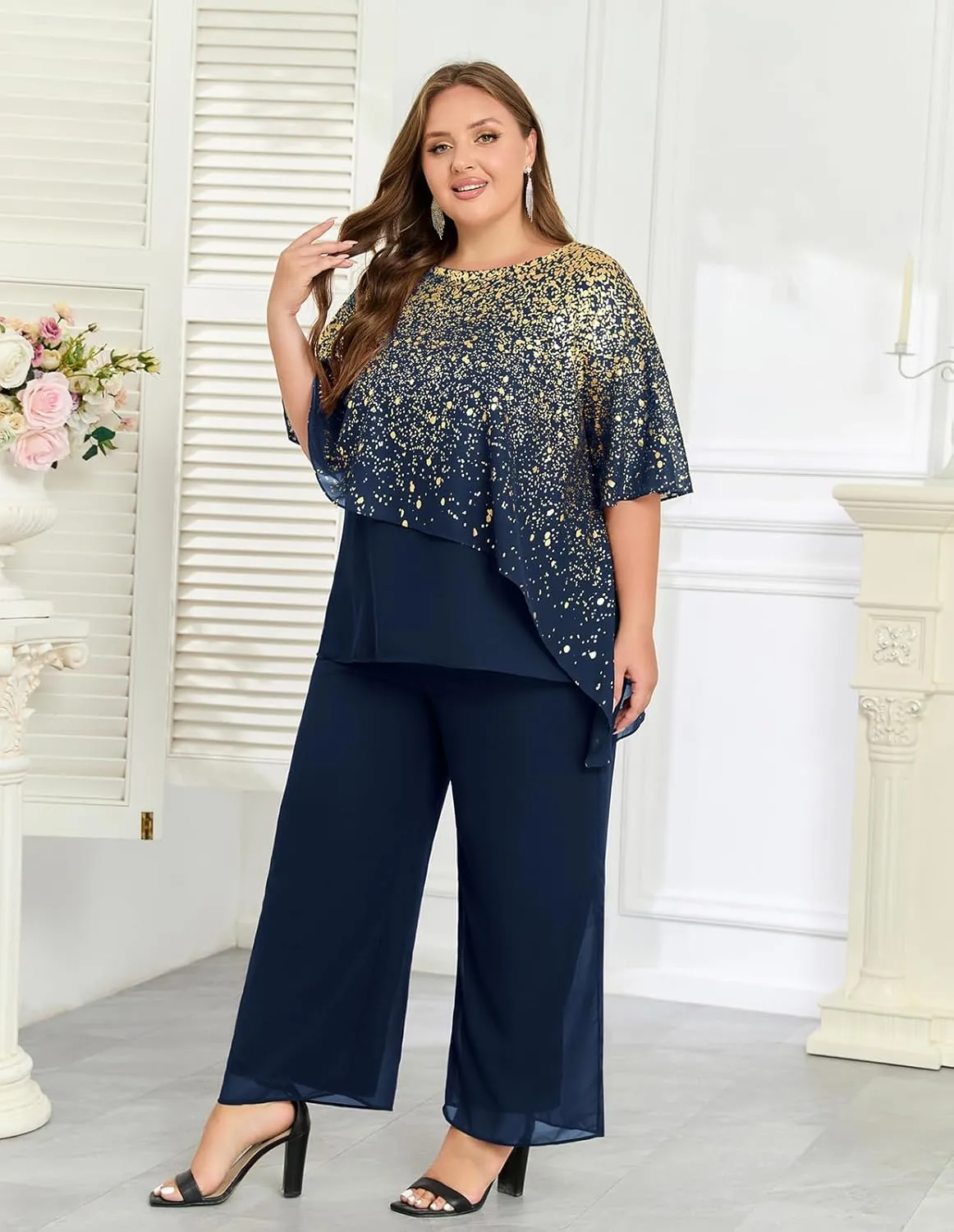 Hanna Nikole 2025 Plus Size Mother of Bride Pant Suits 2 Piece Ruffle Layers Chiffon Sets Hot Stamping Wedding Guest Outfit