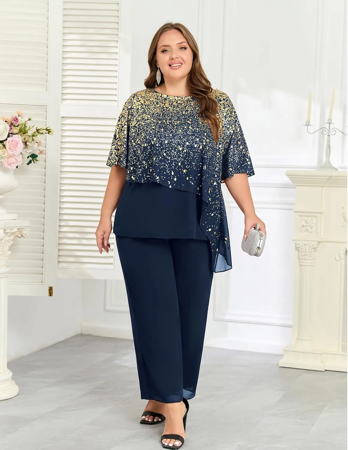 Hanna Nikole 2025 Plus Size Mother of Bride Pant Suits 2 Piece Ruffle Layers Chiffon Sets Hot Stamping Wedding Guest Outfit