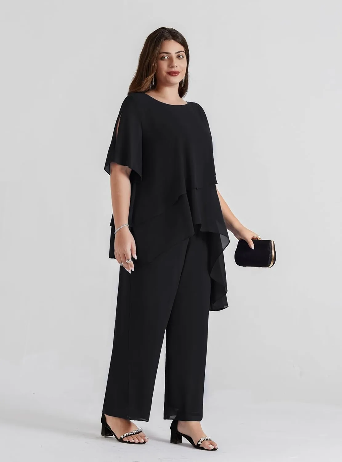 Hanna Nikole 2025 Plus Size Mother of The Bride Pant Suits 2 Piece Chiffon Sets Ruffle Asymmetric Layers Wedding Guest Outfit