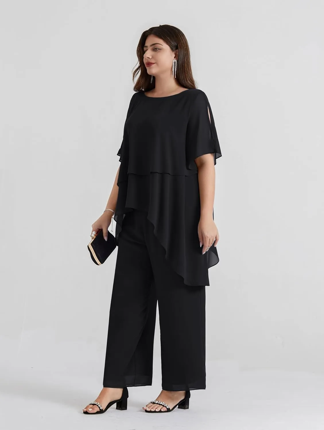 Hanna Nikole 2025 Plus Size Mother of The Bride Pant Suits 2 Piece Chiffon Sets Ruffle Asymmetric Layers Wedding Guest Outfit