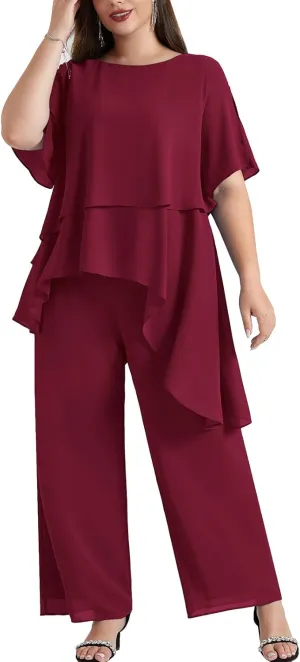 Hanna Nikole 2025 Plus Size Mother of The Bride Pant Suits 2 Piece Chiffon Sets Ruffle Asymmetric Layers Wedding Guest Outfit