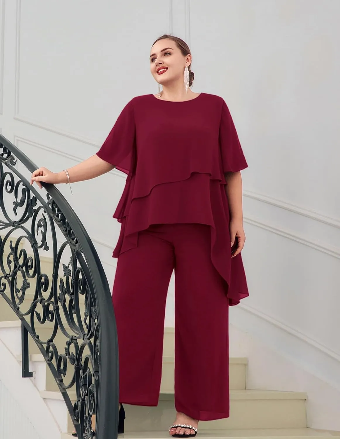 Hanna Nikole 2025 Plus Size Mother of The Bride Pant Suits 2 Piece Chiffon Sets Ruffle Asymmetric Layers Wedding Guest Outfit