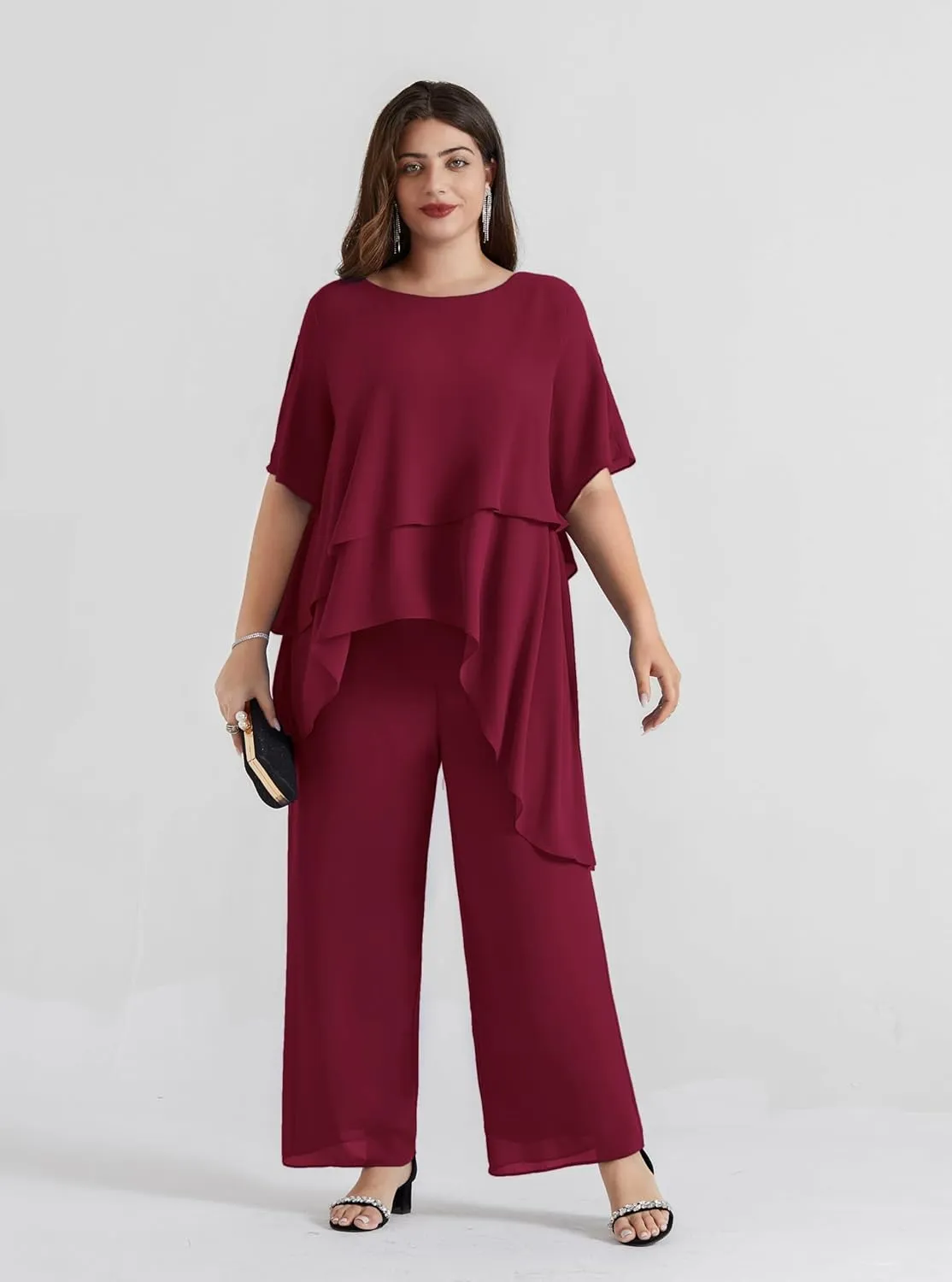 Hanna Nikole 2025 Plus Size Mother of The Bride Pant Suits 2 Piece Chiffon Sets Ruffle Asymmetric Layers Wedding Guest Outfit