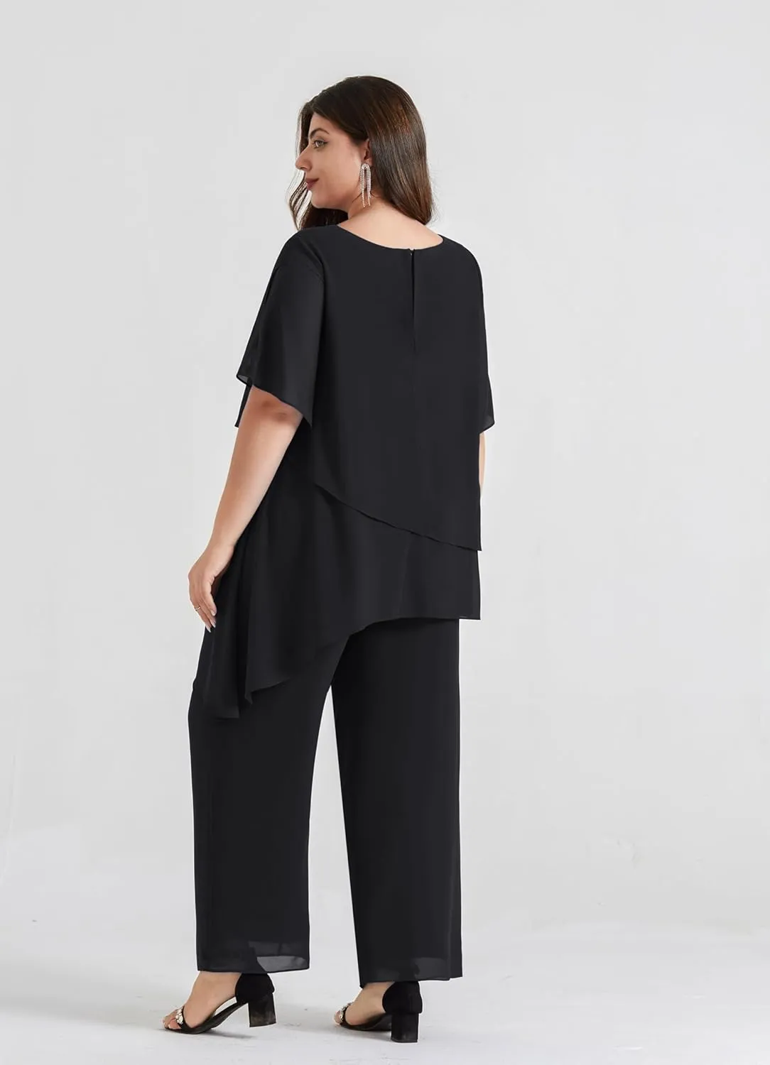 Hanna Nikole 2025 Plus Size Mother of The Bride Pant Suits 2 Piece Chiffon Sets Ruffle Asymmetric Layers Wedding Guest Outfit