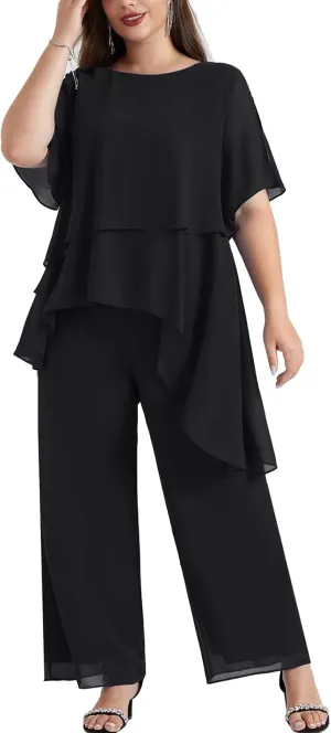 Hanna Nikole 2025 Plus Size Mother of The Bride Pant Suits 2 Piece Chiffon Sets Ruffle Asymmetric Layers Wedding Guest Outfit