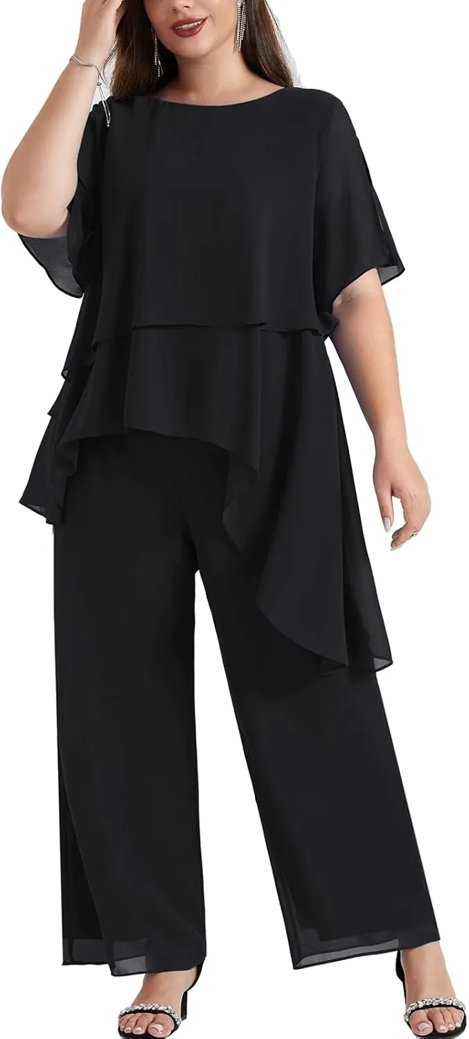 Hanna Nikole 2025 Plus Size Mother of The Bride Pant Suits 2 Piece Chiffon Sets Ruffle Asymmetric Layers Wedding Guest Outfit