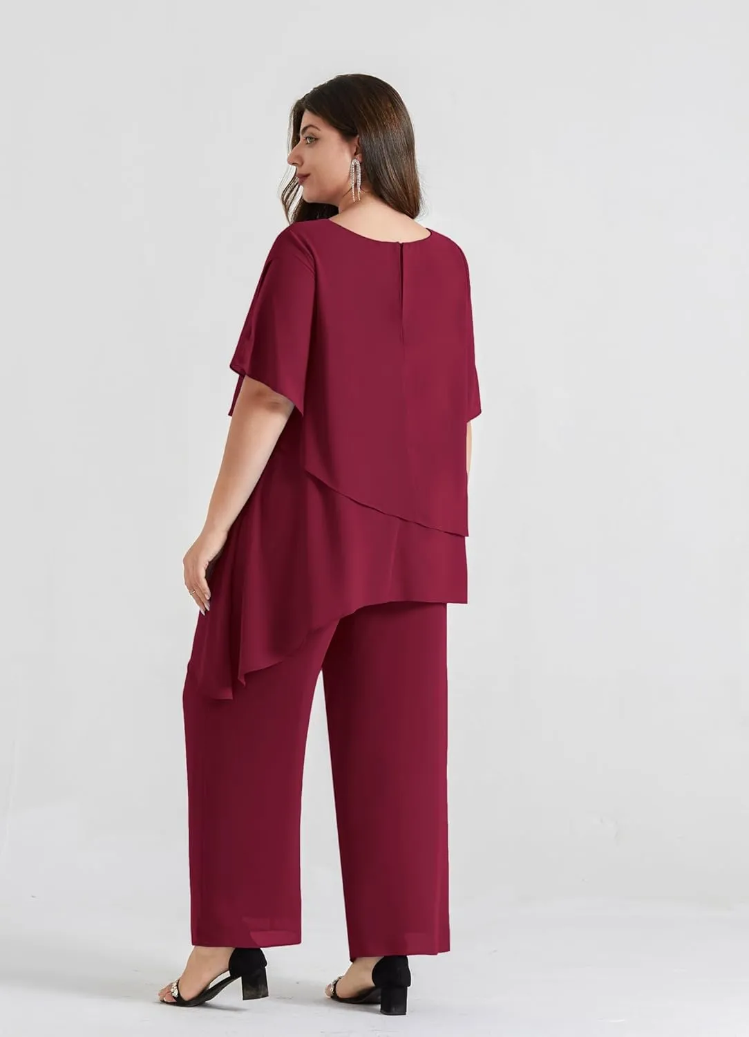 Hanna Nikole 2025 Plus Size Mother of The Bride Pant Suits 2 Piece Chiffon Sets Ruffle Asymmetric Layers Wedding Guest Outfit