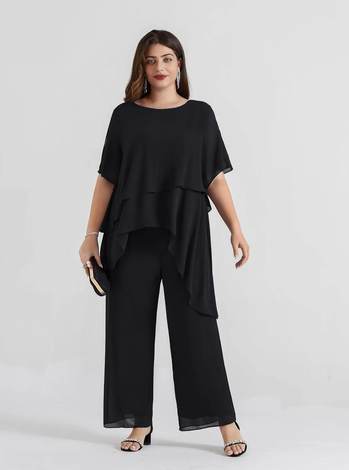 Hanna Nikole 2025 Plus Size Mother of The Bride Pant Suits 2 Piece Chiffon Sets Ruffle Asymmetric Layers Wedding Guest Outfit