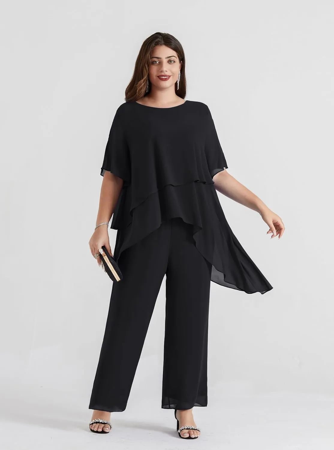 Hanna Nikole 2025 Plus Size Mother of The Bride Pant Suits 2 Piece Chiffon Sets Ruffle Asymmetric Layers Wedding Guest Outfit