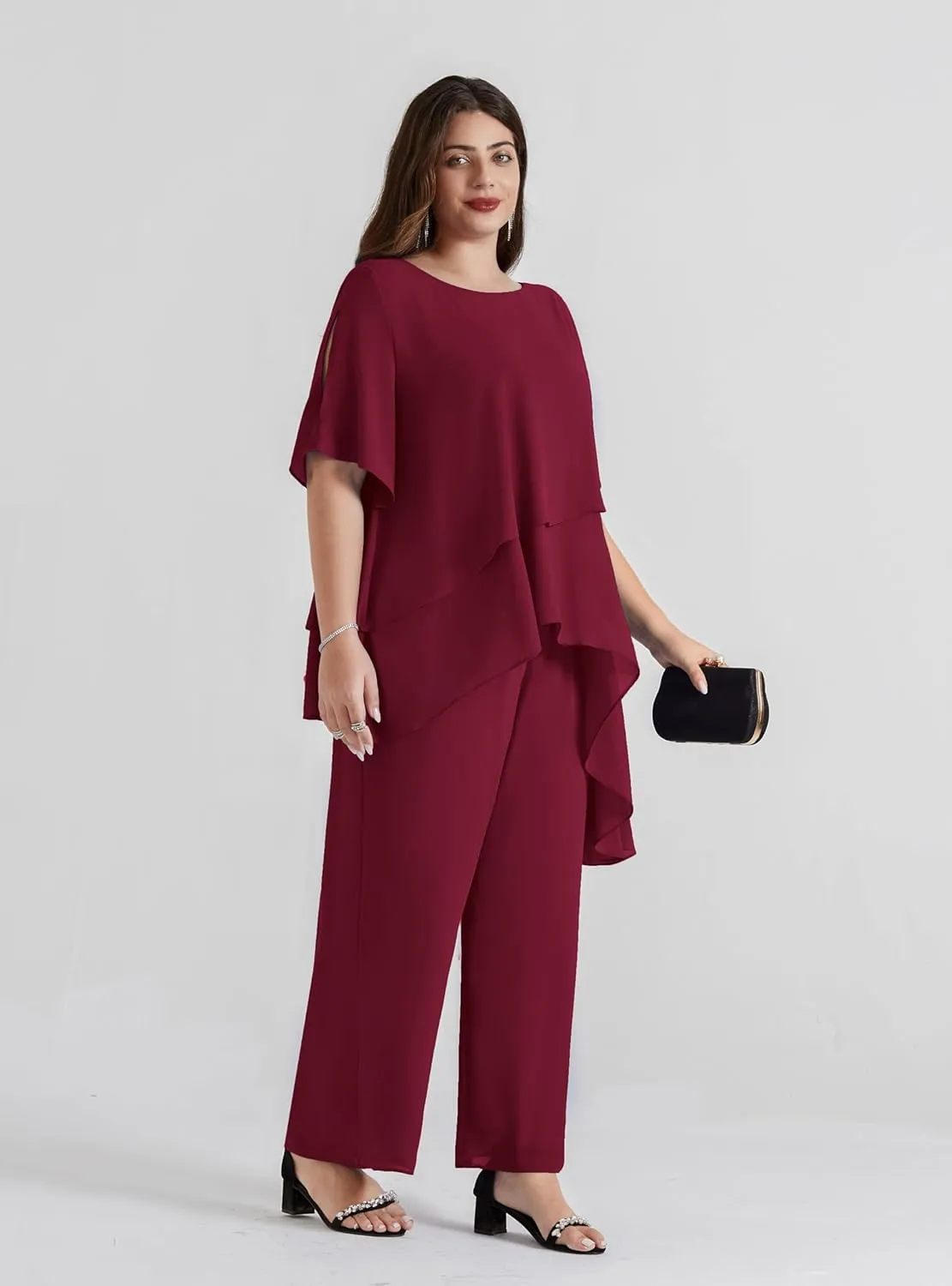Hanna Nikole 2025 Plus Size Mother of The Bride Pant Suits 2 Piece Chiffon Sets Ruffle Asymmetric Layers Wedding Guest Outfit