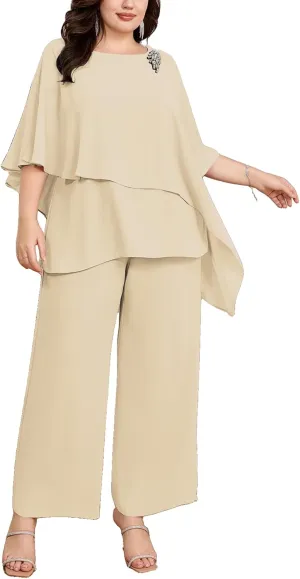 Hanna Nikole Plus Size Mother of Bride Pant Suits 2 Piece Chiffon Sets Ruffle Layers Wedding Guest Outfit
