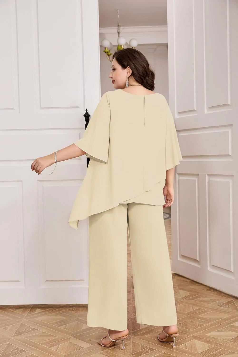 Hanna Nikole Plus Size Mother of Bride Pant Suits 2 Piece Chiffon Sets Ruffle Layers Wedding Guest Outfit